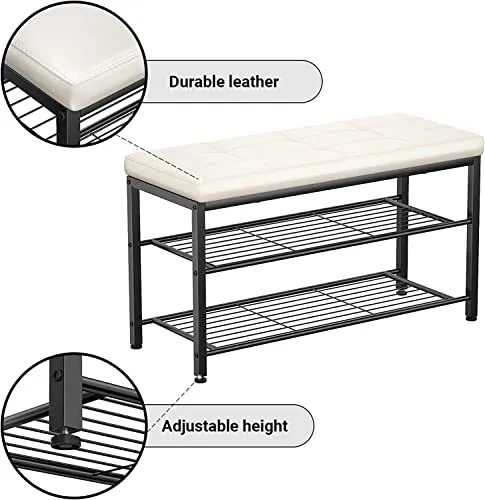 Indian Decor 44572 Shoe Bench, 3 Tier Shoe Rack for Entryway, Metal Frame, Faux Leather Bench Seat, Shoe Rack Bench Organizer with Mesh Seat, Black with White Cushion