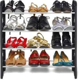 KVT ENTERPRISES Multipurpose 4 Shelves Shoes Rack Foldable Cabinet Organiser 12 Pairs Metal & Plastic Rustproof Shoes Rack Black Color