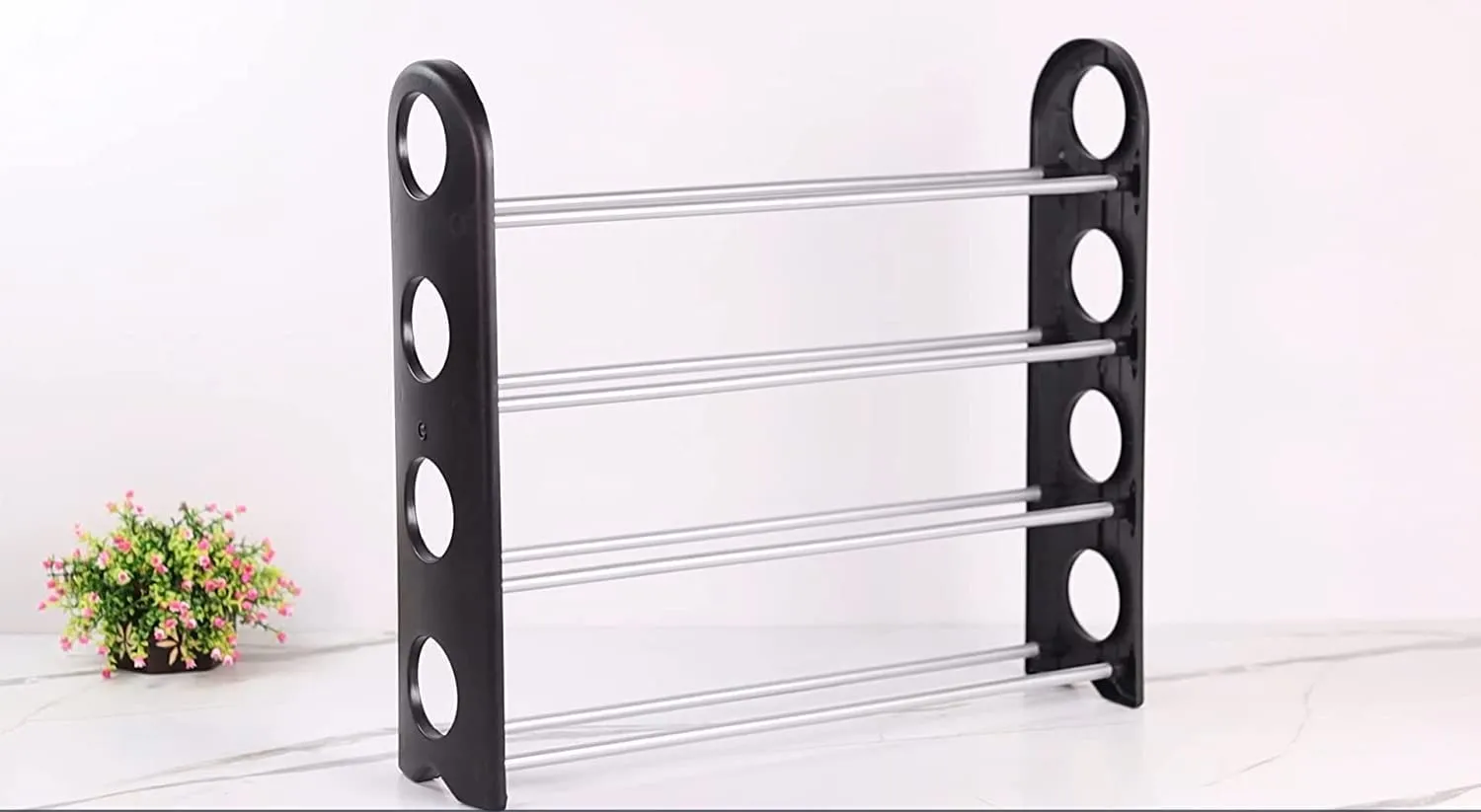 KVT ENTERPRISES Multipurpose 4 Shelves Shoes Rack Foldable Cabinet Organiser 12 Pairs Metal & Plastic Rustproof Shoes Rack Black Color