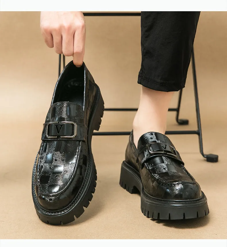 Leather Checkered Pattern Appliques Loafers