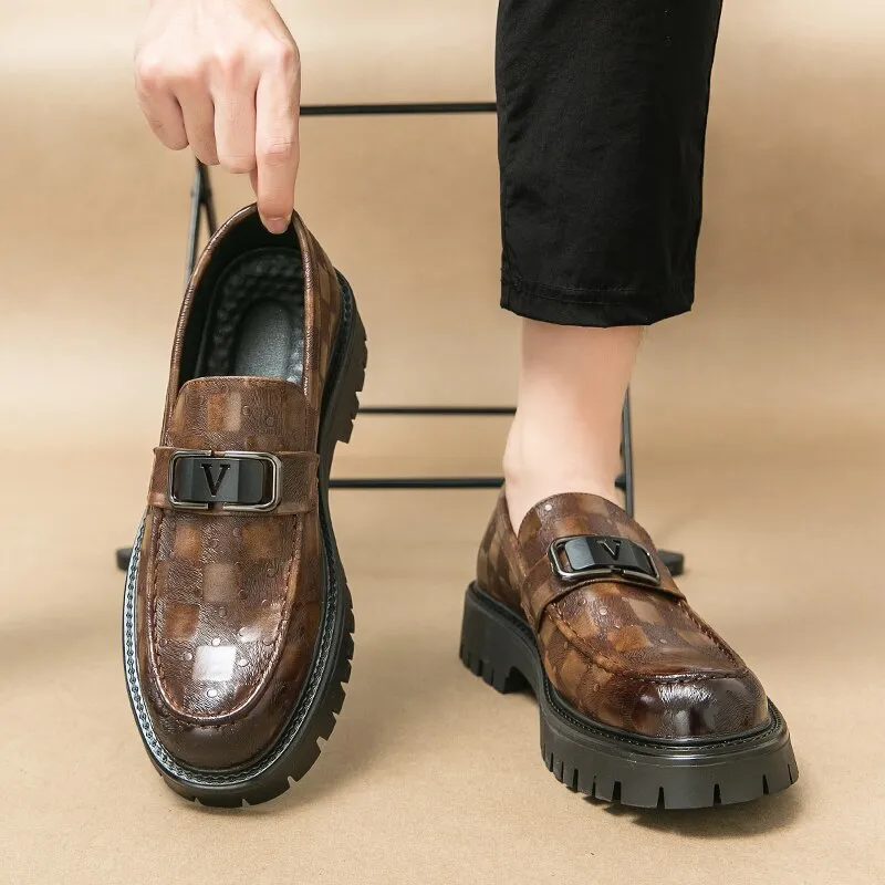 Leather Checkered Pattern Appliques Loafers