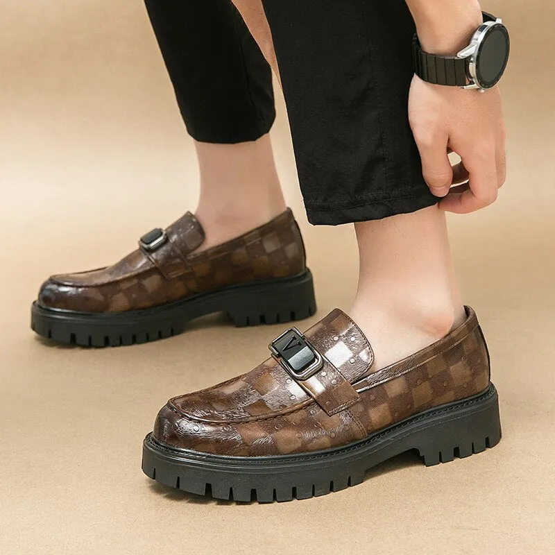 Leather Checkered Pattern Appliques Loafers