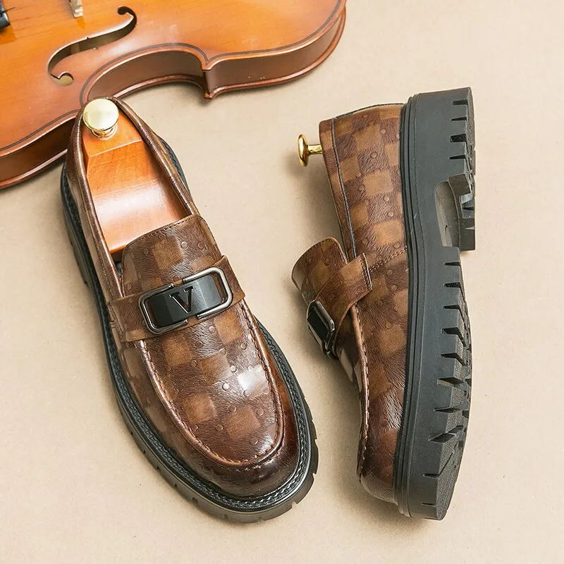 Leather Checkered Pattern Appliques Loafers