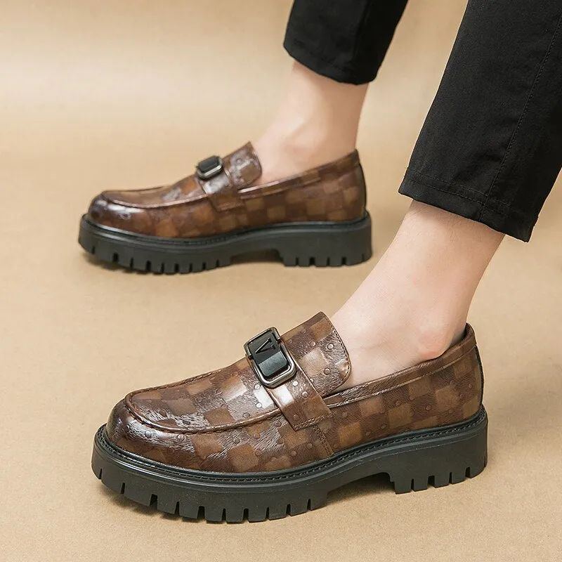 Leather Checkered Pattern Appliques Loafers