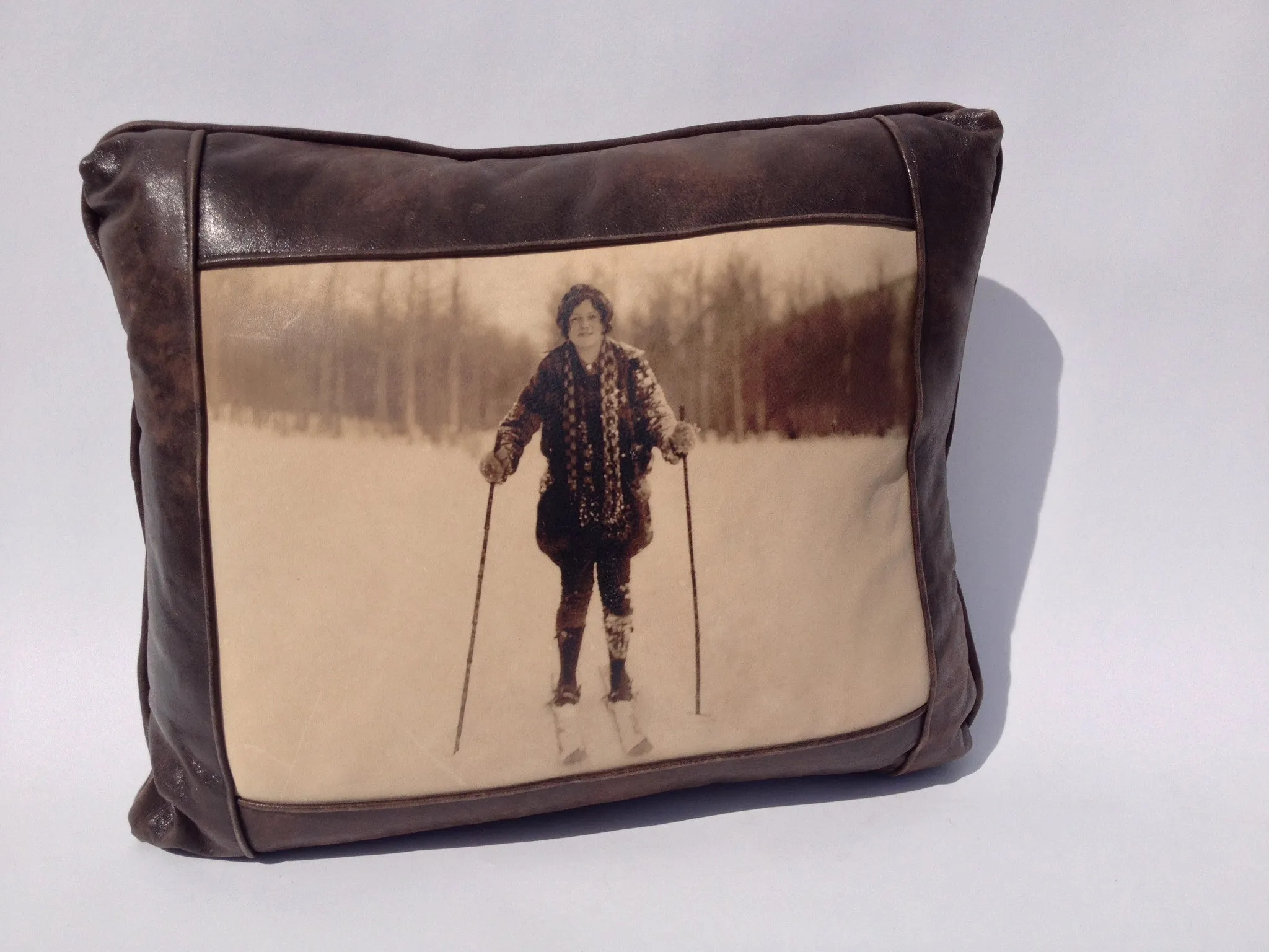 Leather Pillow - Lady Skier