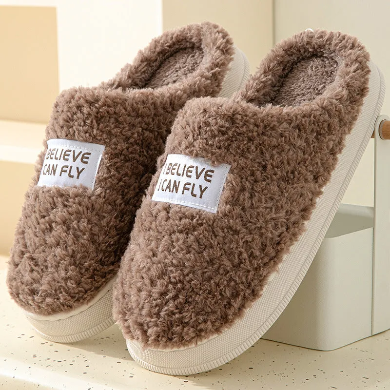 Letter Design Thick Sole Home Slippers Indoor Outside Slides Winter Warm Fluffy Slippers Non-Slip Fur Cotton Shoes Ladies Couples