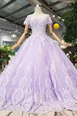 Lilac Ball Gown Short Sleeves Prom Dresses with Sheer Neck, Gorgeous Quinceanera Dress UQ1735