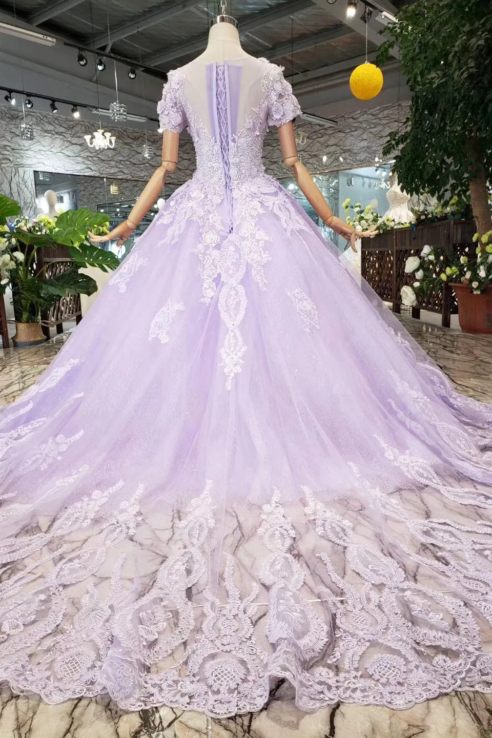 Lilac Ball Gown Short Sleeves Prom Dresses with Sheer Neck, Gorgeous Quinceanera Dress UQ1735