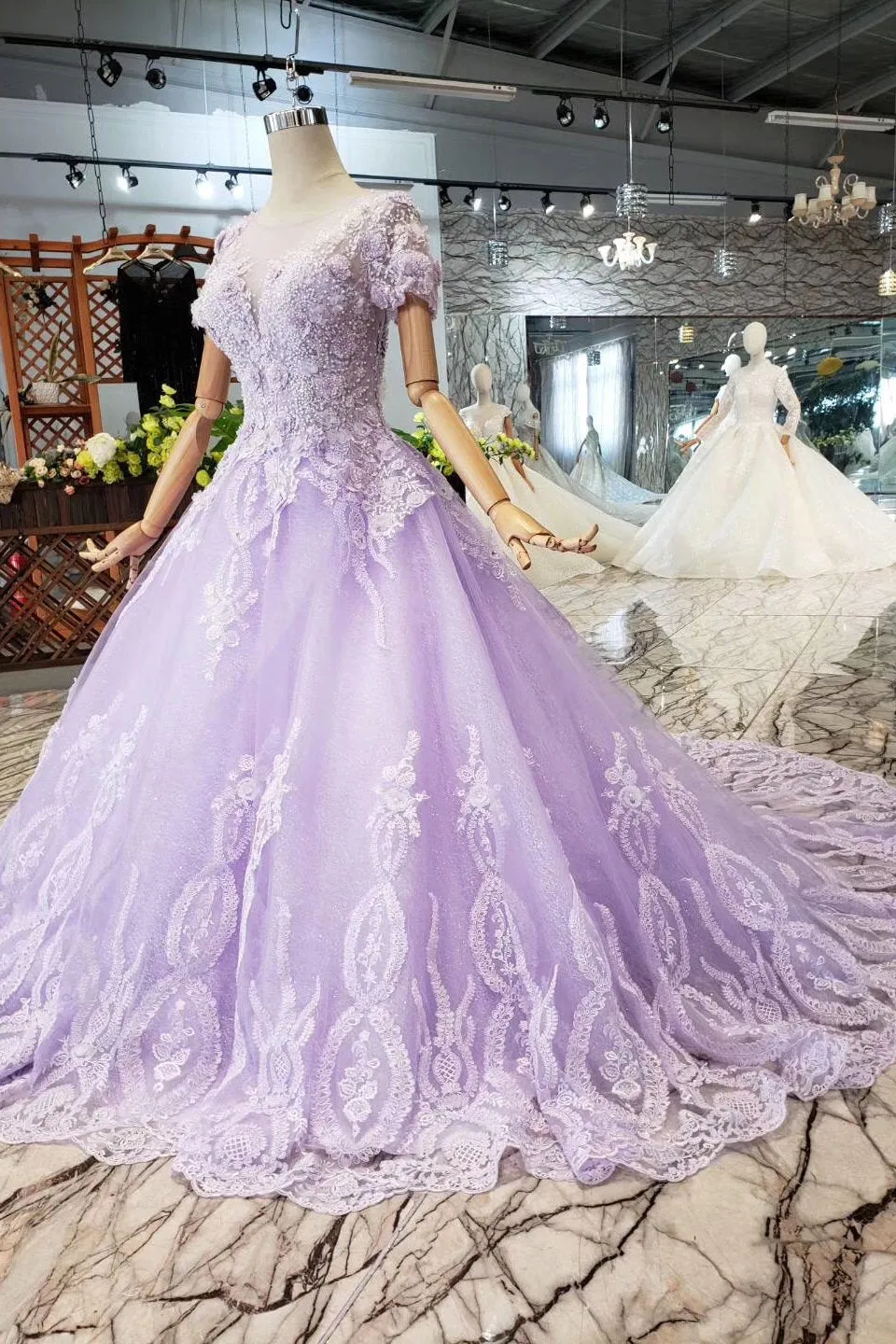 Lilac Ball Gown Short Sleeves Prom Dresses with Sheer Neck, Gorgeous Quinceanera Dress UQ1735