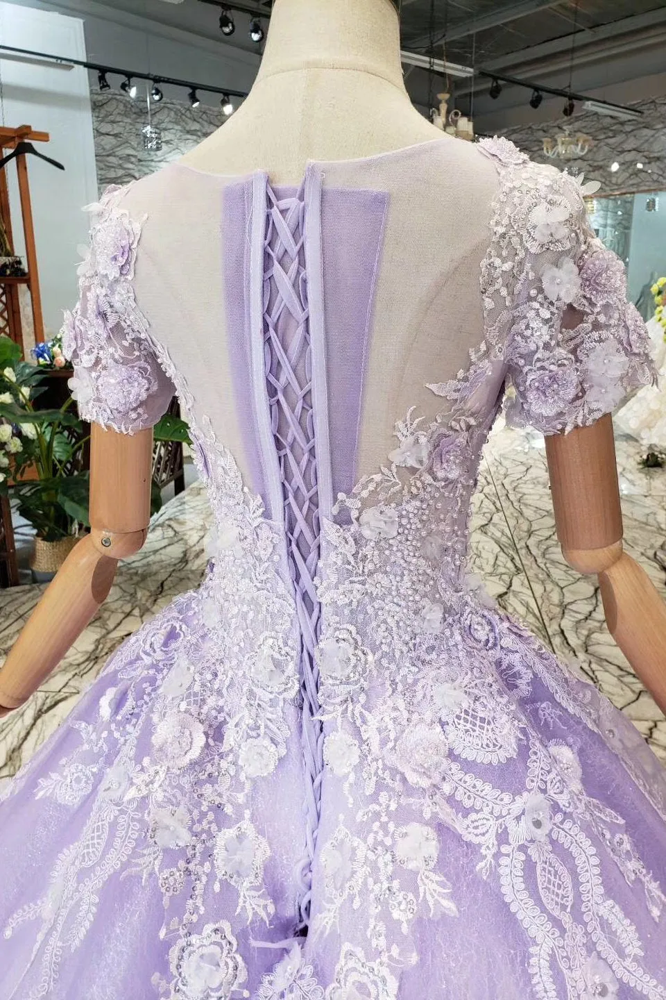 Lilac Ball Gown Short Sleeves Prom Dresses with Sheer Neck, Gorgeous Quinceanera Dress UQ1735