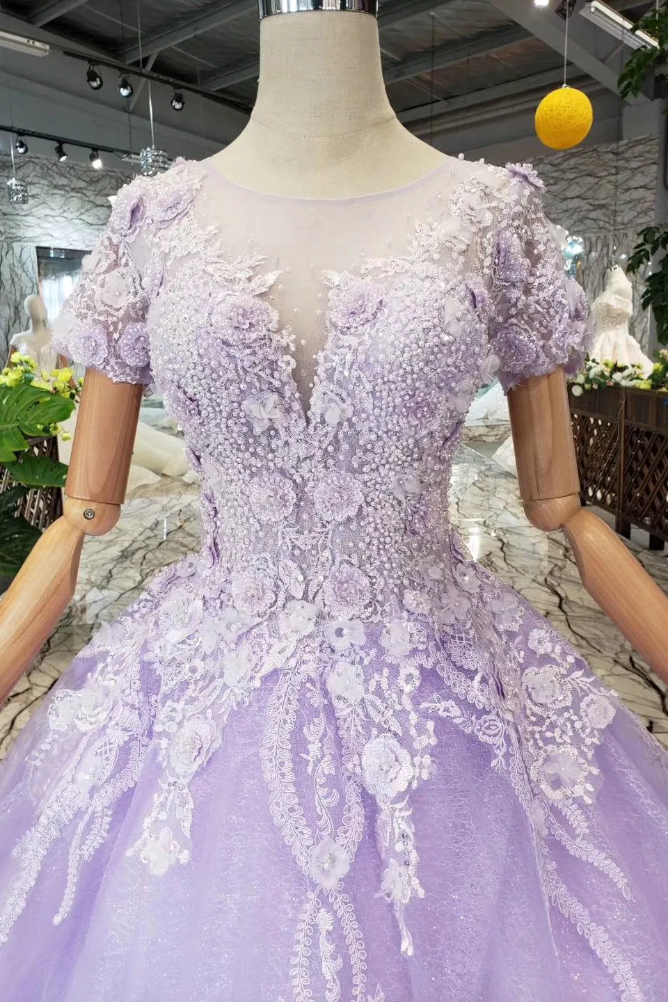 Lilac Ball Gown Short Sleeves Prom Dresses with Sheer Neck, Gorgeous Quinceanera Dress UQ1735