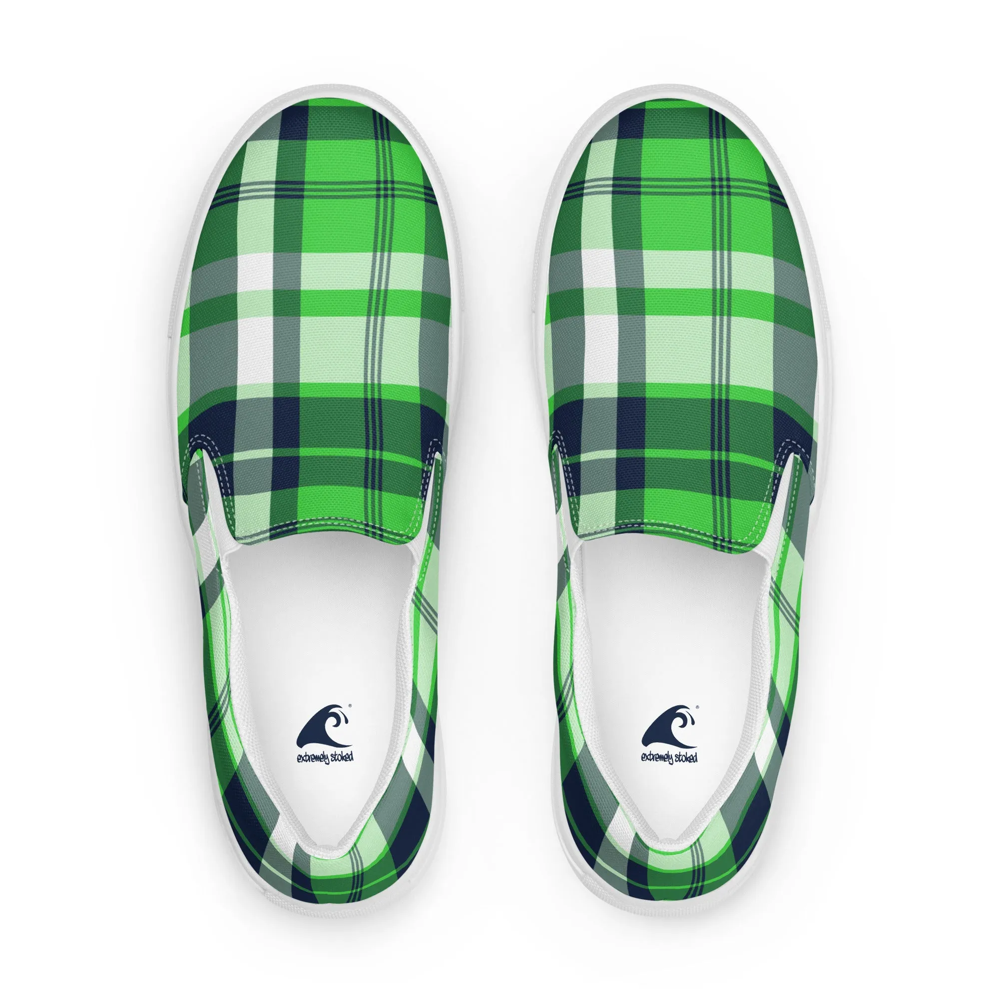 Lime Green and Navy Blue Preppy Surfer Plaid Women's Slip On Canvas Shoes