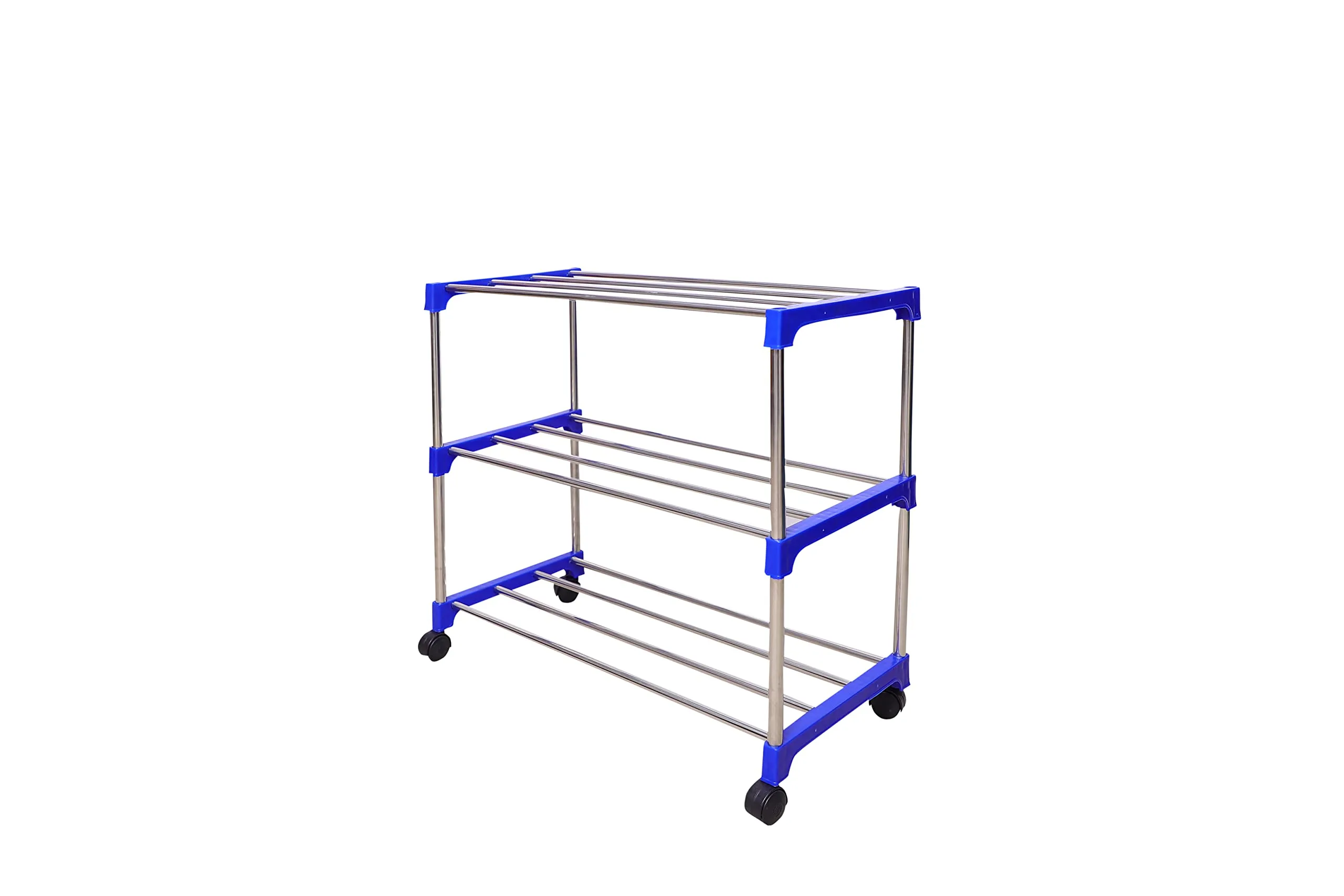 Mega stand Stainless Steel 3-Tier Shoe Rack - Durable, Foldable, and Stackable Shoe Stand for Closet, Entryway, and Doorway Organization - Premium Metal Shoe Storage Organizer for Home (Blue)