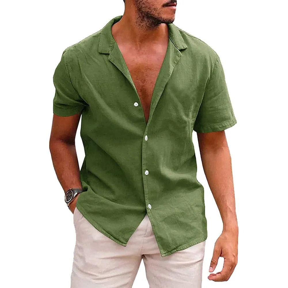 Men Lapel Collar Button Up Linen Short Sleeve Shirt