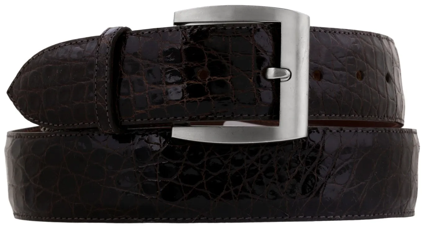 Men's Black Genuine Crocodile Belly Smooth Leather Belt Silver Buckle