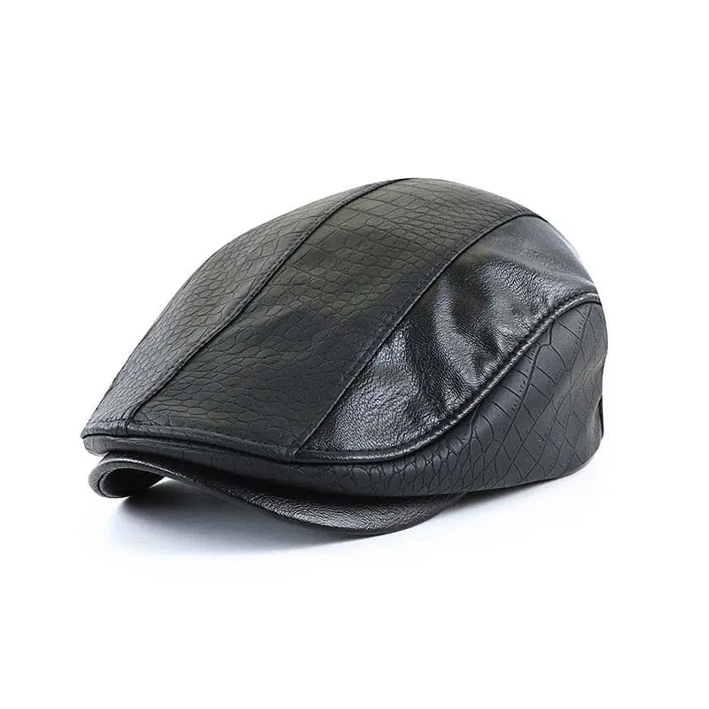 Men's Retro Beret Stitched Crocodile PU Leather Peaked Cap