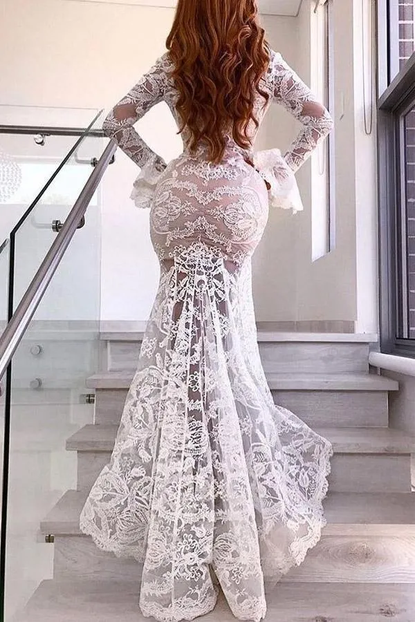 Mermaid Deep V Wedding Dress With Long Sleeve Sexy Lace Wedding Dress WD491