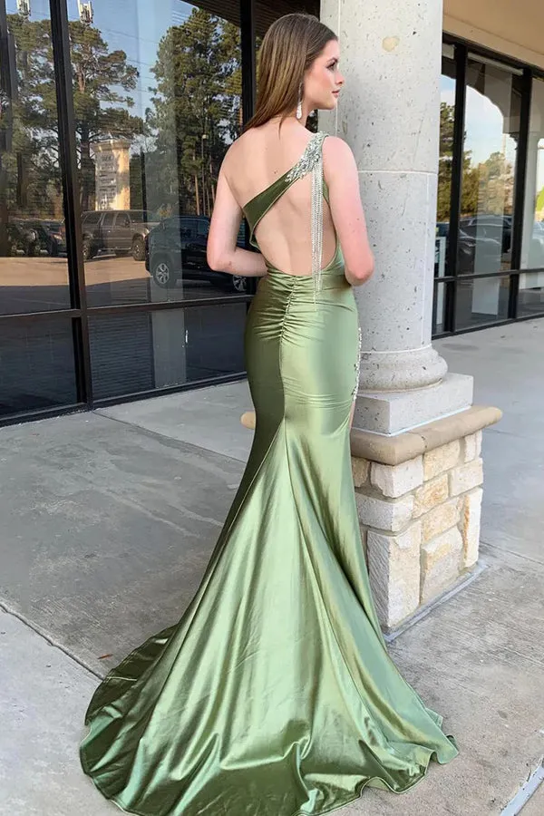 Mermaid One Shoulder Satin Sage Green Prom Dress with Split PSK602