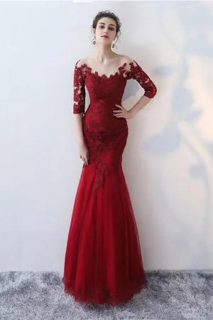 Mermaid Scoop Half Sleeve Lace Long Prom Dresses Evening Gowns PSK068