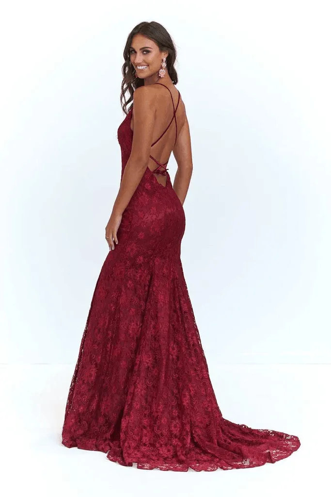 Mermaid Spaghetti Straps Burgundy Lace  Backless Prom Dress PG470