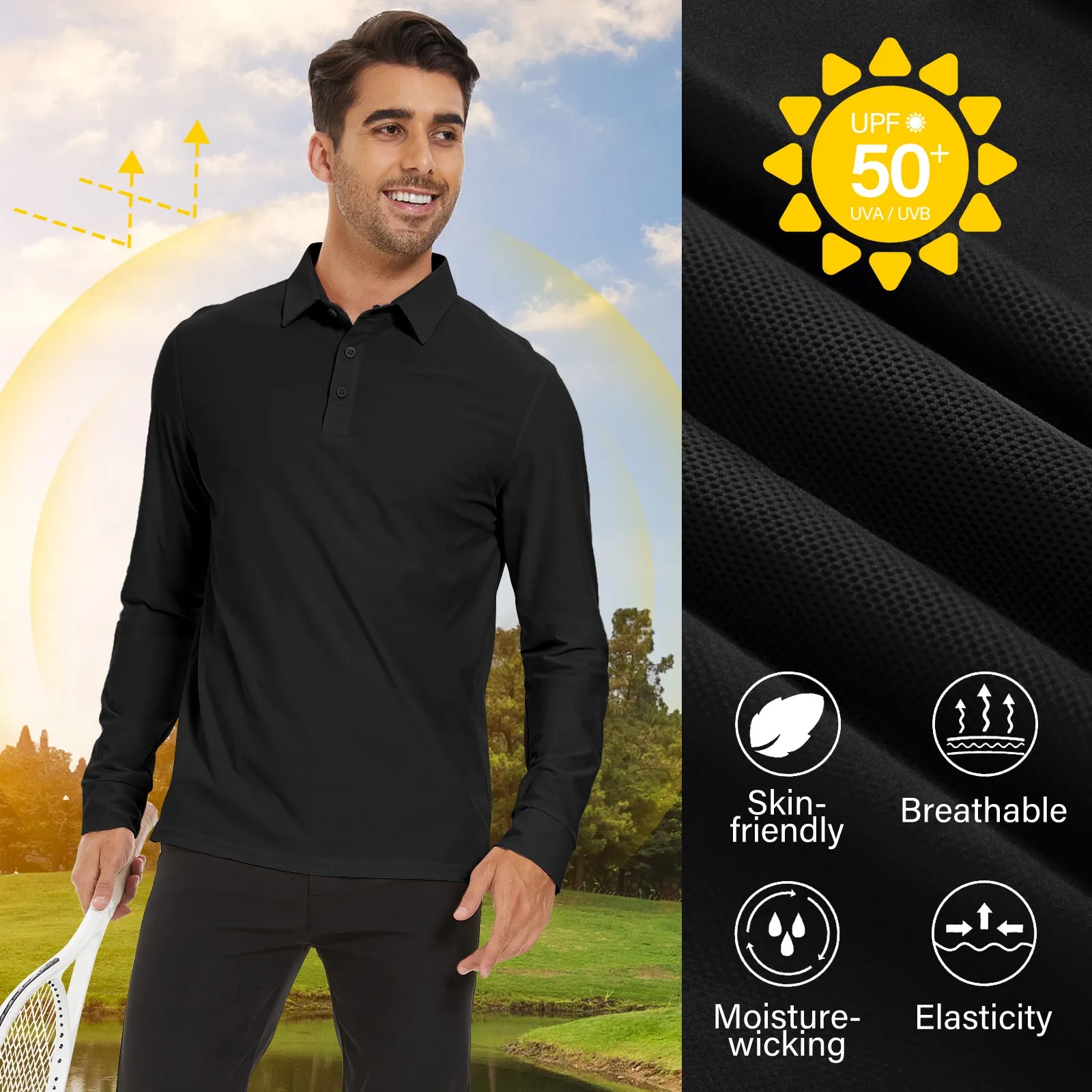 MOTEEPI Men's Nylon Long Sleeve Polos UPF 50  Quick Dry Golf Shirts