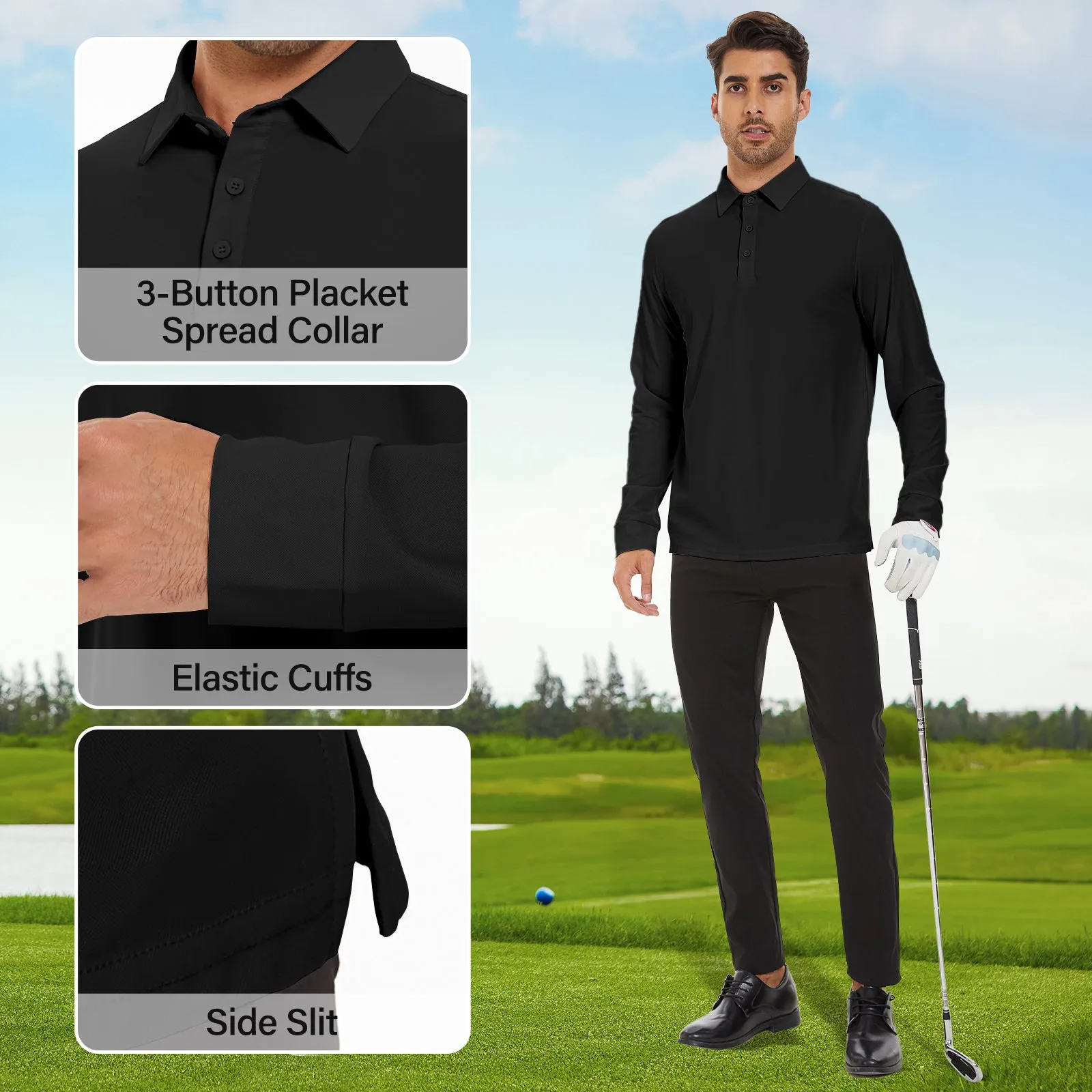 MOTEEPI Men's Nylon Long Sleeve Polos UPF 50  Quick Dry Golf Shirts