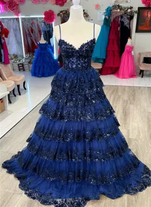 Navy Blue Tulle with Lace Applique Layers Long Prom Dress, Navy Blue Party Dress