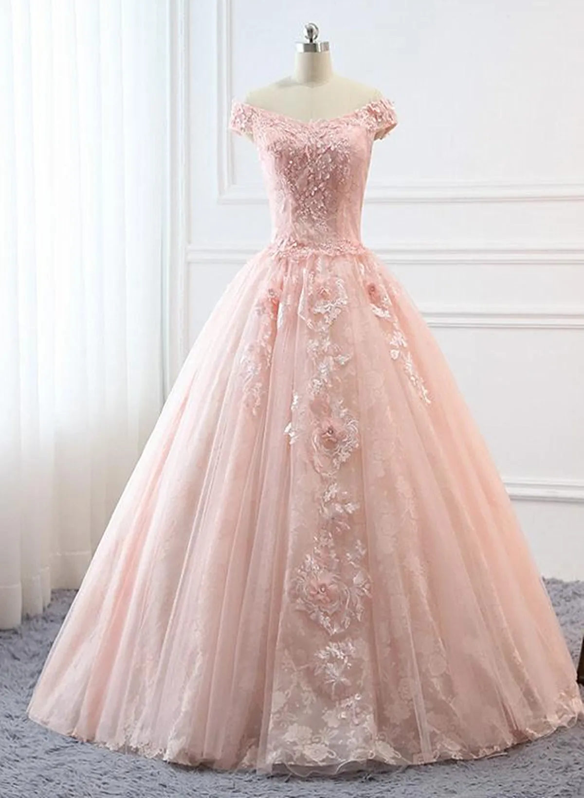 Pink Sweetheart Off Shoulder with Lace Long Sweet 16 Dress, Pink Formal Dress