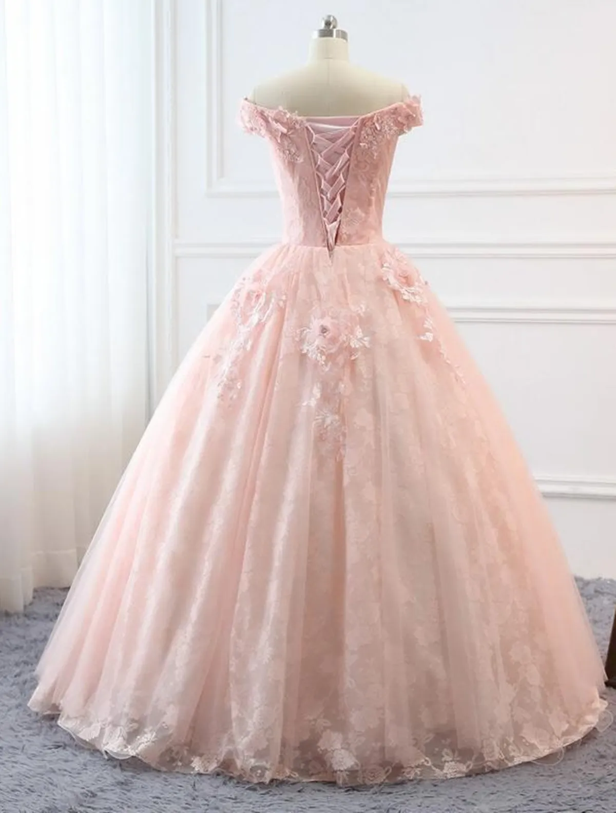 Pink Sweetheart Off Shoulder with Lace Long Sweet 16 Dress, Pink Formal Dress