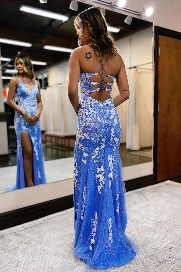 Plunging V-neck Lace Appliques Mermaid Prom Dress With Slit  PSK441