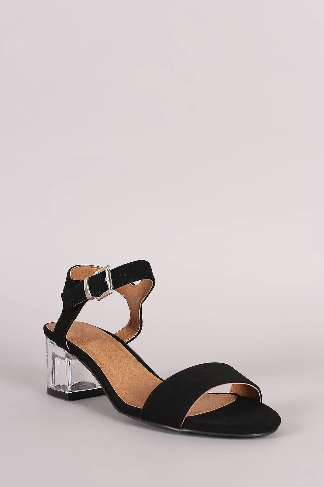 Qupid Nubuck Open Toe Ankle Strap Block Heel