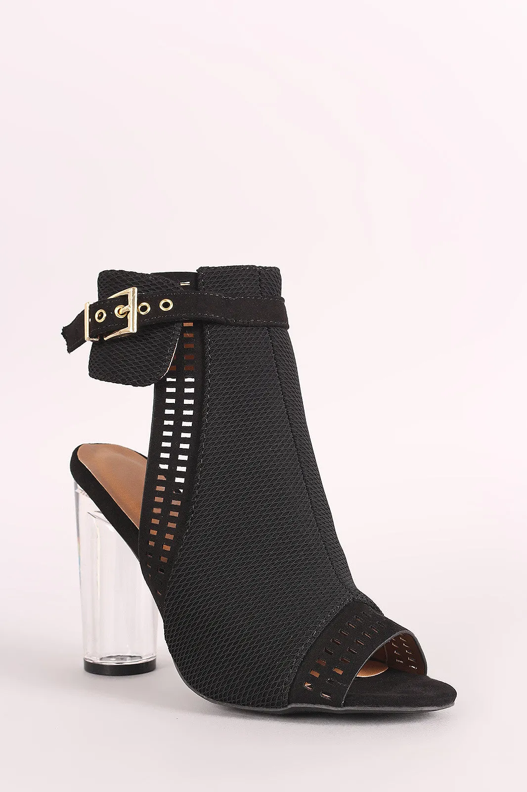 Qupid Perforated Suede Chunky Lucite Heeled Mule Booties