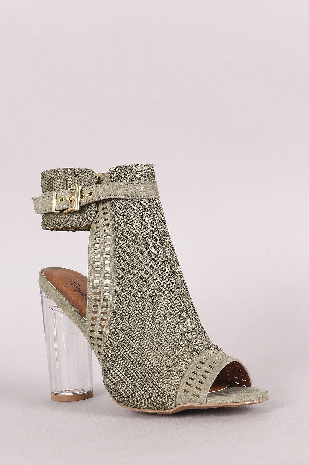 Qupid Perforated Suede Chunky Lucite Heeled Mule Booties