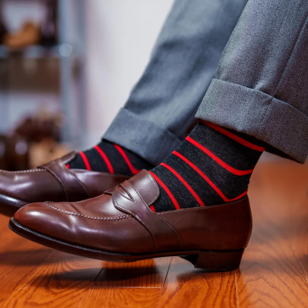 Red and Charcoal Striped Merino Wool Mid Calf Dress Socks