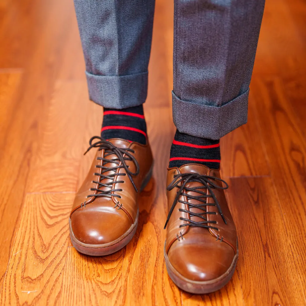 Red and Charcoal Striped Merino Wool Mid Calf Dress Socks