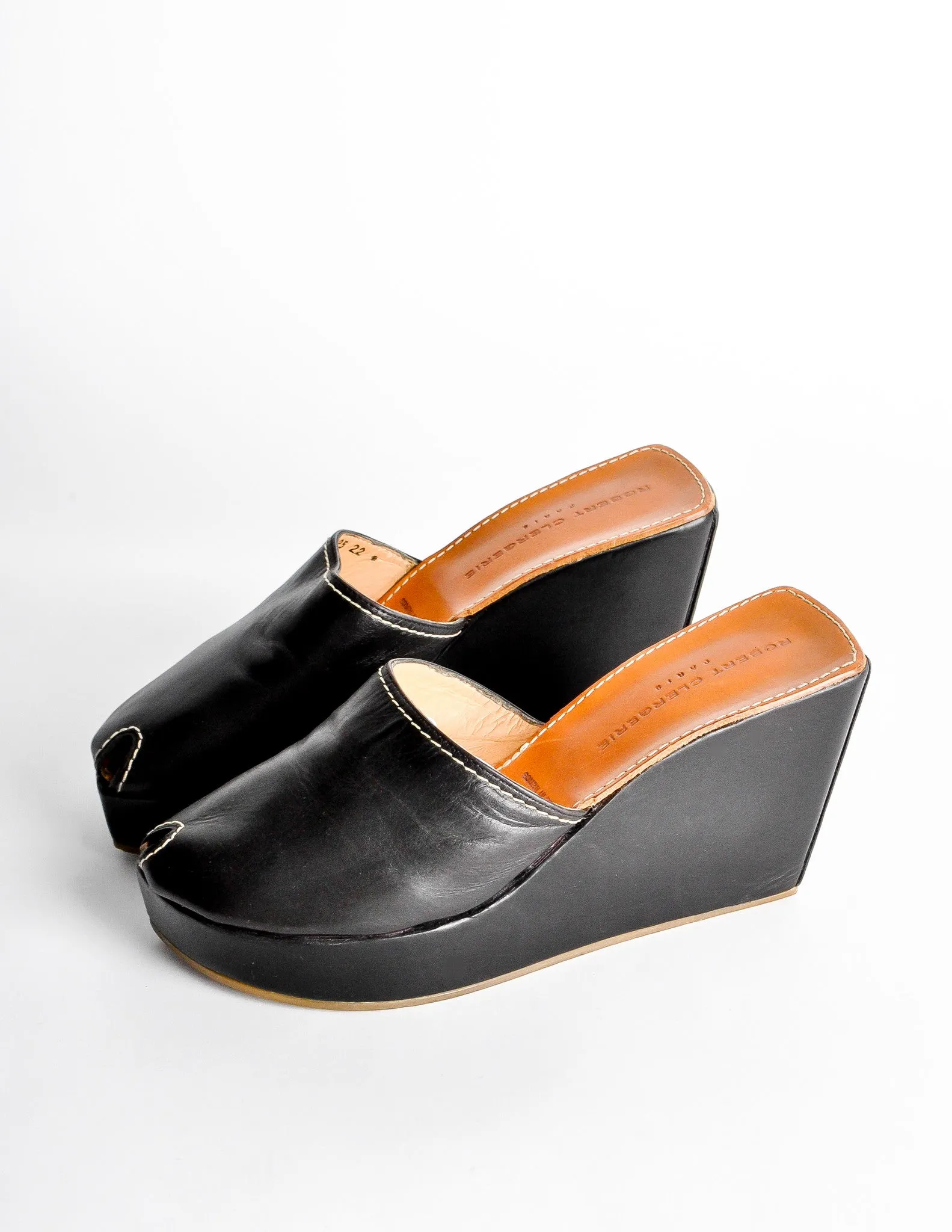 Robert Clergerie Vintage Black Leather Peep Toe Platform Mules