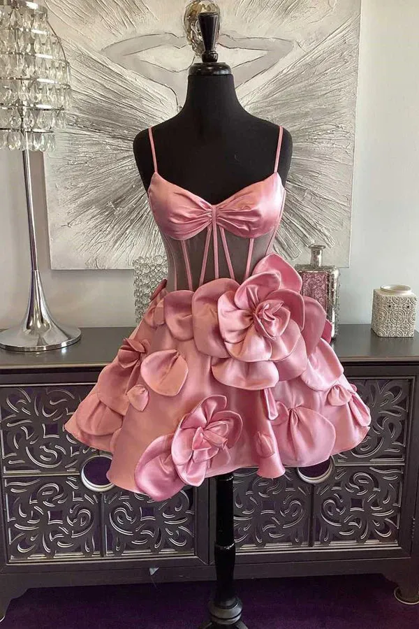 Rosette Straps Pink Corset Homecoming Dress Short Prom Dress PD515