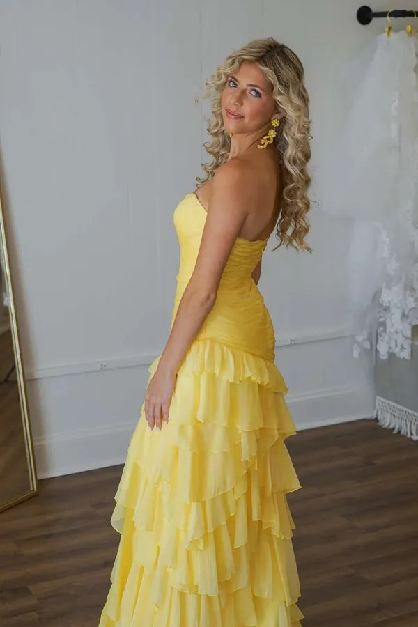 Ruched Ruffle Fitted Yellow Long Prom Dress with Slit  PSK576