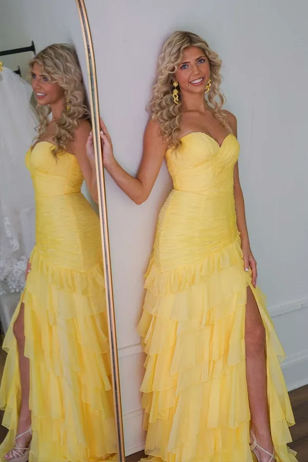 Ruched Ruffle Fitted Yellow Long Prom Dress with Slit  PSK576