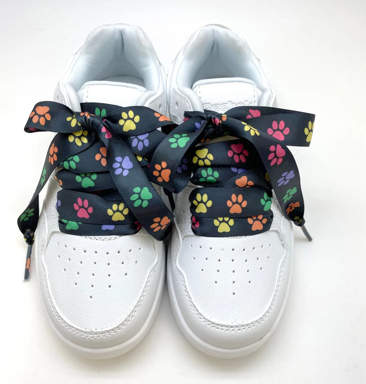 Satin Shoelaces rainbow paw prints ideal for hip hop dance, dance team, sneaker junkie, cheerleading, pet lovers,  in 36" and 44" lengths