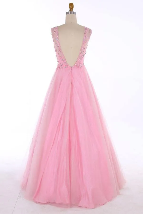 Scoop Floor-length Backless Pink Prom Dress With Beading Appliques  PG704