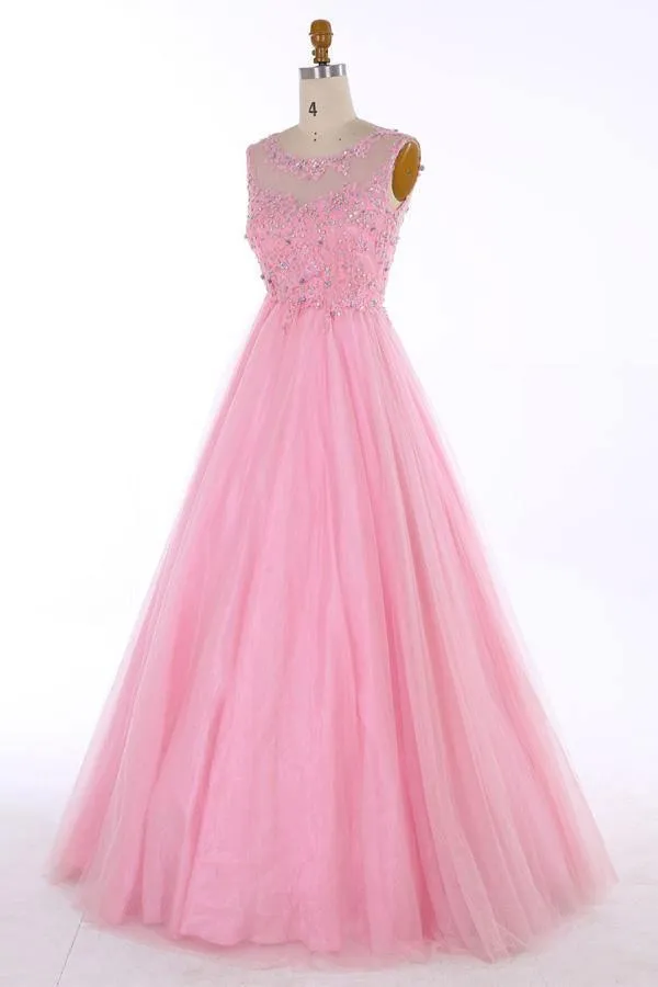 Scoop Floor-length Backless Pink Prom Dress With Beading Appliques  PG704