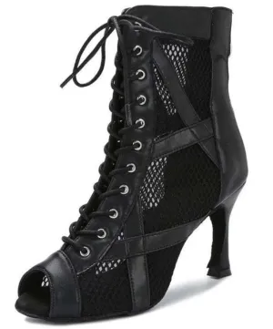 Sexy Women's Black Leather Mesh Dance High Heels Ankle Booties