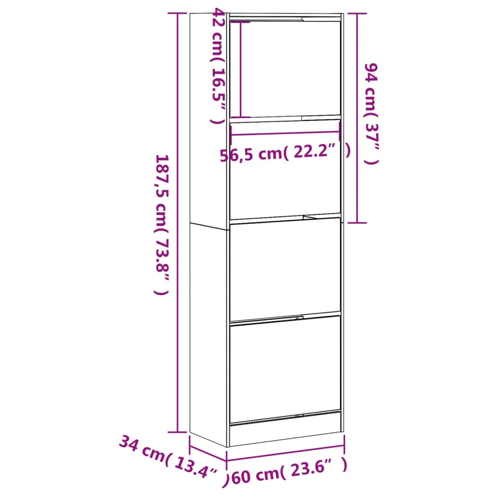 Shoe Cabinet with 4 Flip-Drawers Black 60x34x187.5 cm