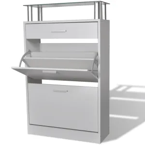 Shoe Cabinet with a Drawer and a Top Glass Shelf Wood White