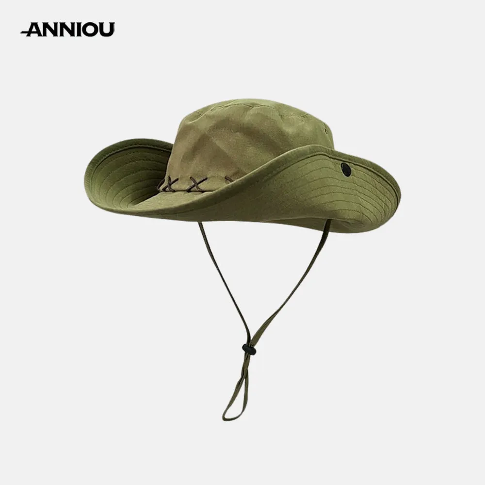 Sidiou Group ANNIOU Western Cowboy Hat Men's Retro Hiking Bucket Hats Big Brim Windproof Outdoor Camping Fishing Women's Sunscreen Hats