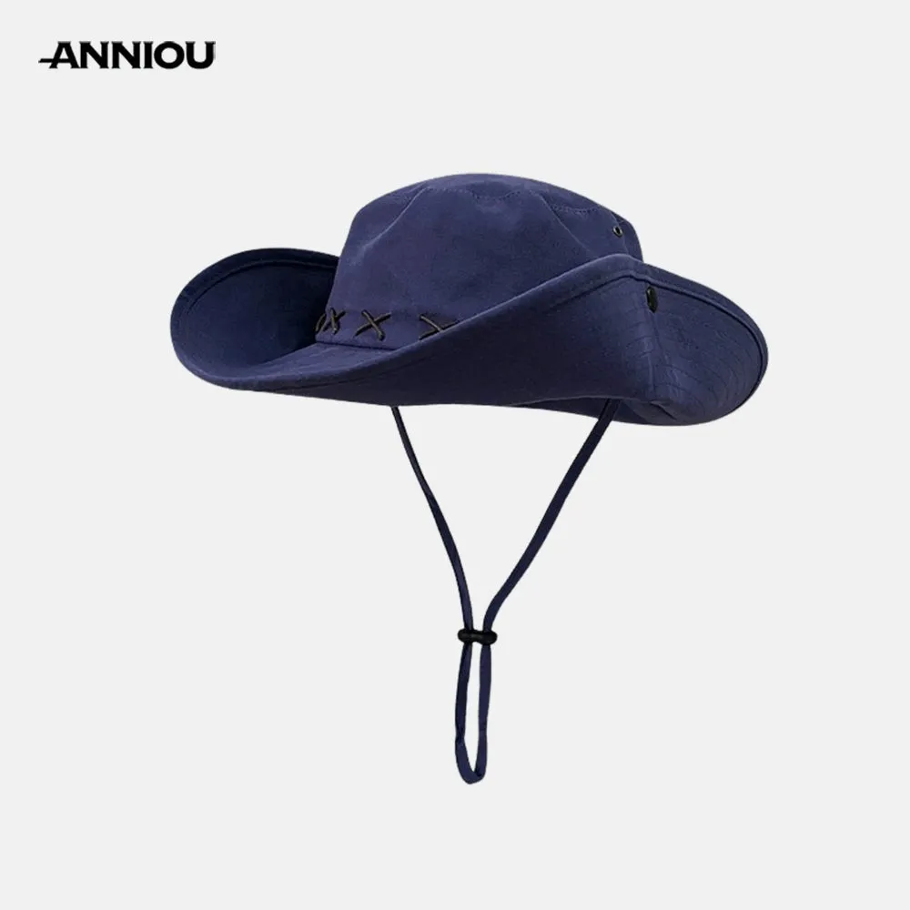 Sidiou Group ANNIOU Western Cowboy Hat Men's Retro Hiking Bucket Hats Big Brim Windproof Outdoor Camping Fishing Women's Sunscreen Hats