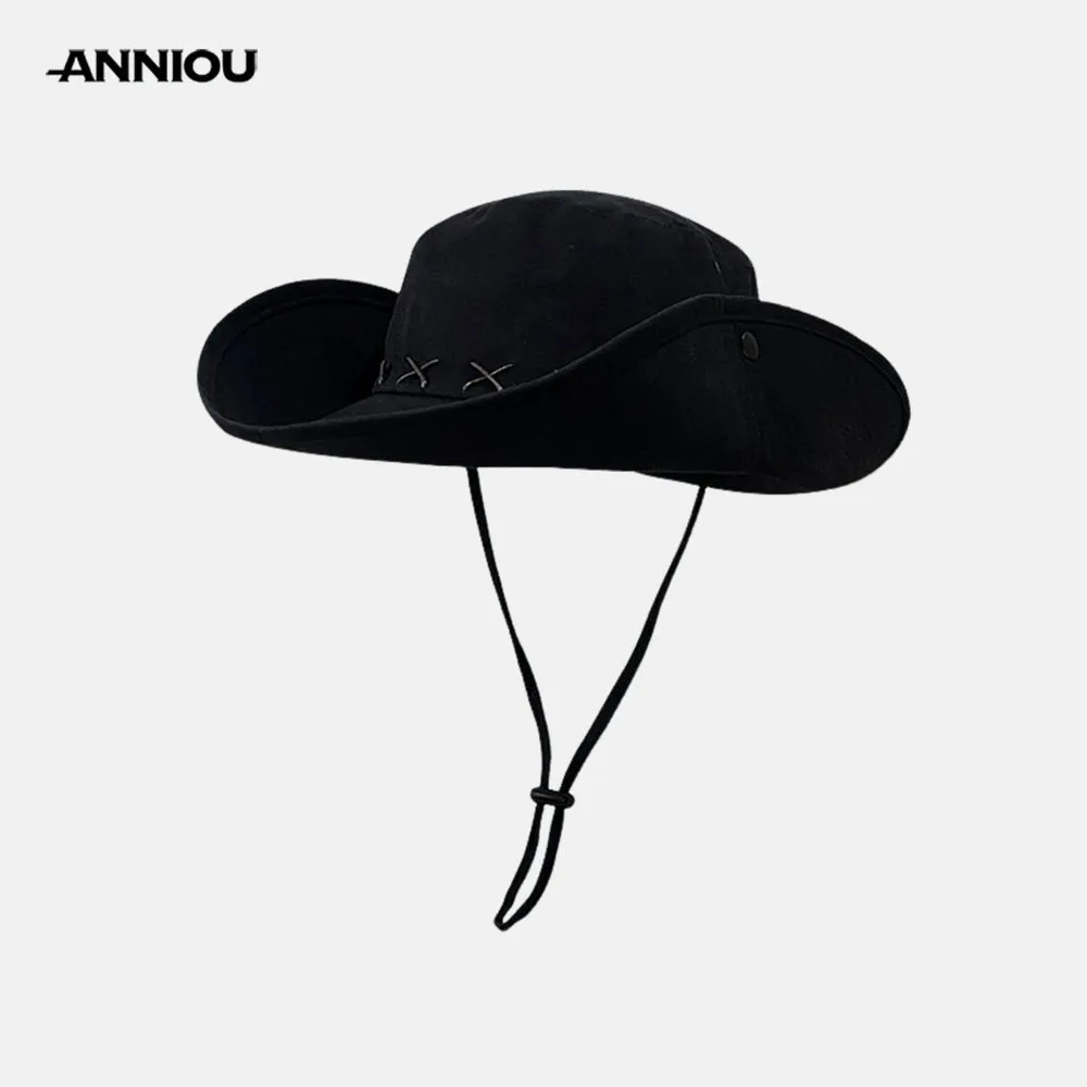 Sidiou Group ANNIOU Western Cowboy Hat Men's Retro Hiking Bucket Hats Big Brim Windproof Outdoor Camping Fishing Women's Sunscreen Hats