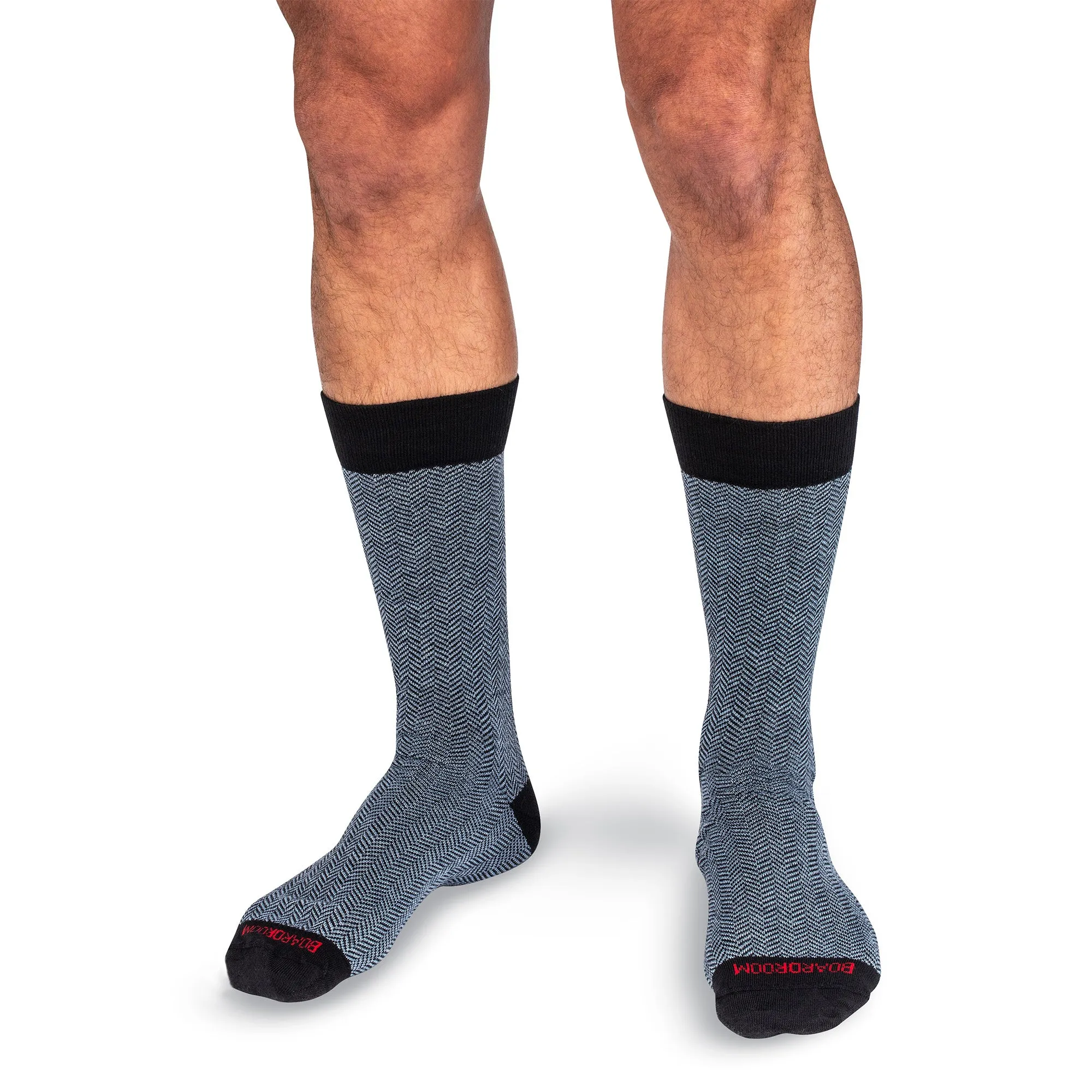 Sky Blue and Black Herringbone Merino Wool Mid-Calf Dress Socks