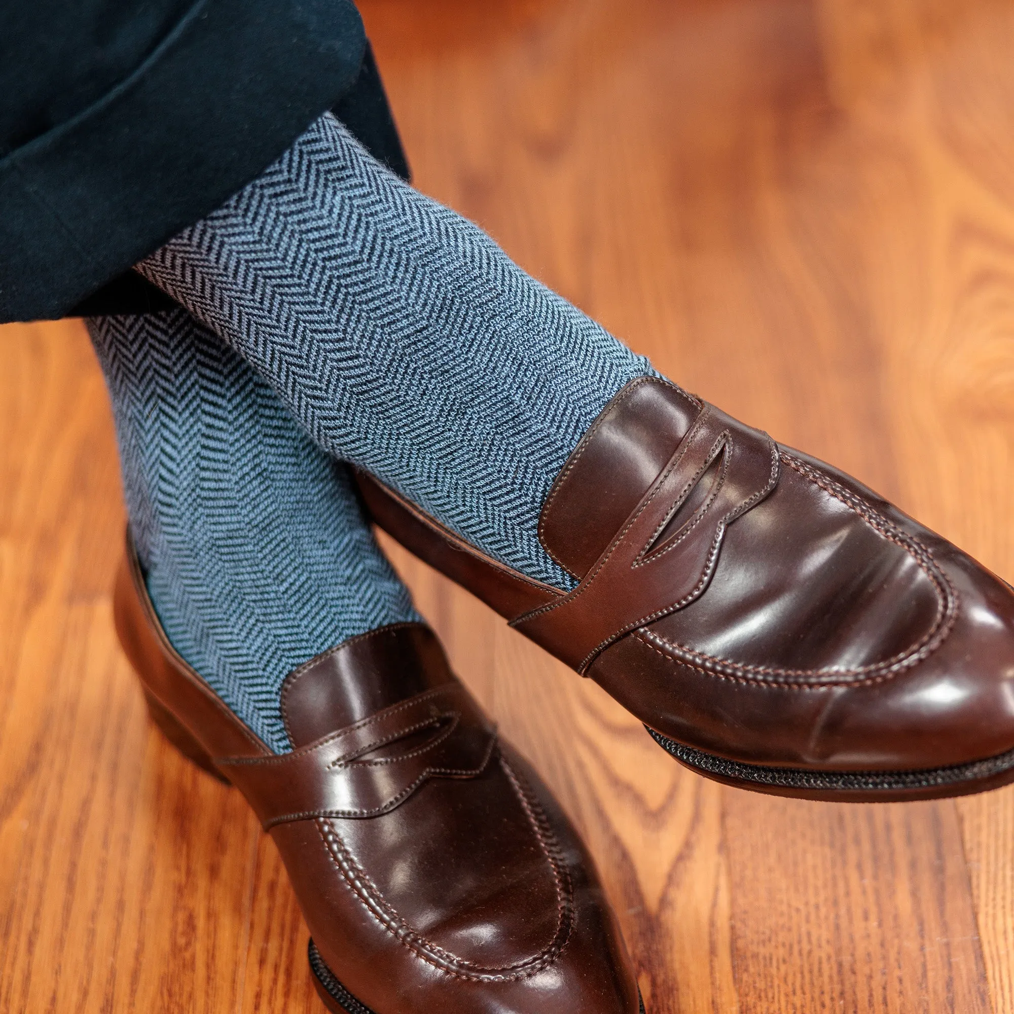 Sky Blue and Black Herringbone Merino Wool Mid-Calf Dress Socks